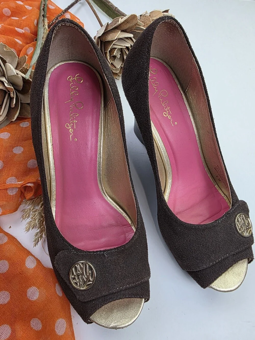 Lilly Pulitzer Brown Suede Peep-Toe Wedges Sz 6